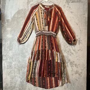 Figueroa & Flower Boho Cottage Midi Dress 70s Inspired Fall Colors Ruffle Small